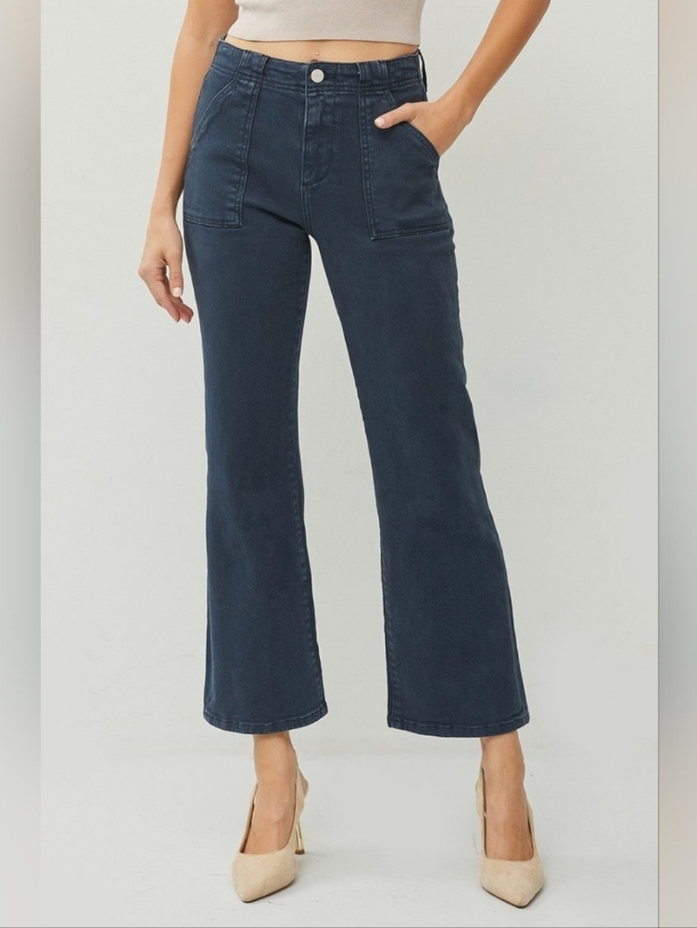 RISEN High Rise Indigo blueberry Wide Leg Crop Jeans